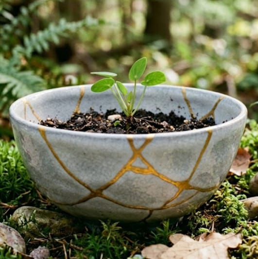 Pottery repaired with golden lacquer in the Kintsugi style